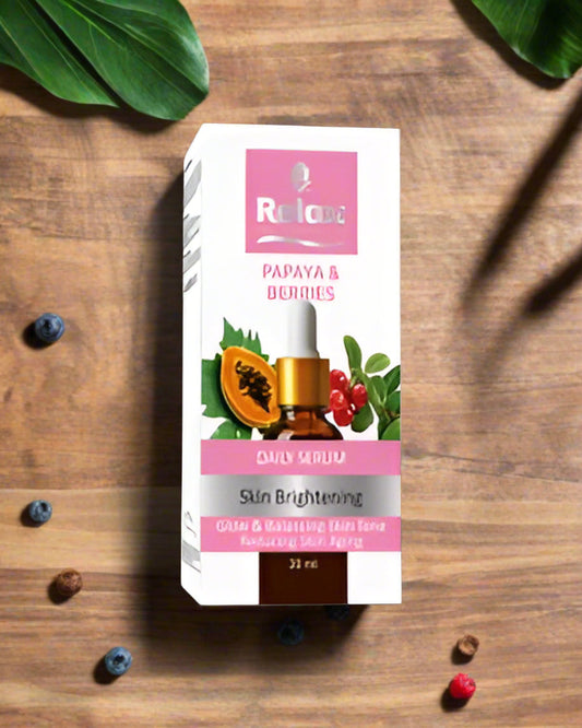 Packaging of a skin serum with papaya and berries on a black background